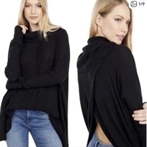 Free People Juicy Split Back Cowl Neck Waffle Thermal Black Sweater
